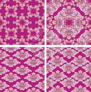 Set of ornaments, seamless floral patterns with tropical flowers and leaves on purple background. 