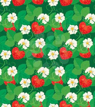 Seamless pattern with Strawberries in heart shapes with flowers and leaves. 