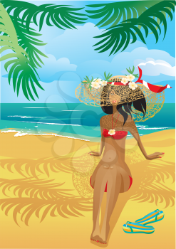  Girl on a tropical beach with straw hat