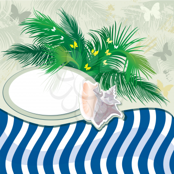 Grunge summer holiday background with palm tree and shell