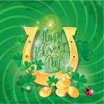 Holiday card with calligraphic words Happy St. Patrick`s Day. Shamrock, horseshoe, ladybug and golden coin on dark green background 