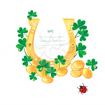 Frame for Saint Patrick's day design with shamrock,  gold coins and horse shoe
