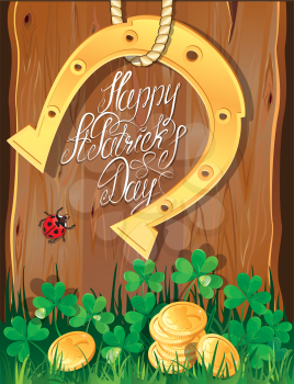 Holiday card with calligraphic words Happy St. Patrick`s Day. Shamrock, horseshoe, ladybug and golden coins on wooden background