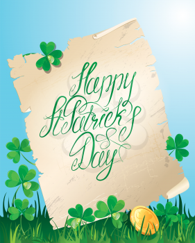 Holiday card with calligraphic words Happy St. Patrick`s Day. Old scroll, Shamrock and golden coin on blue sky background