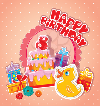 Baby birthday card with yellow duck, big cake and gift boxes. Eight years anniversary