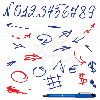 Numbers and symbols (arrows) set - hand drawn picture