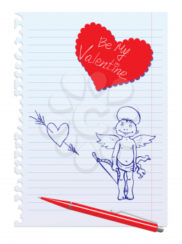 Set of Hand-Drawn Sketchy Angels on Lined Notebook Paper Background