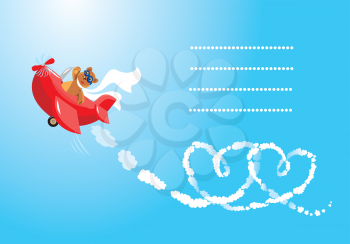 Funny cartoon. Teddy bear aviator in love. Pilot by the red plane draws hearts in the sky