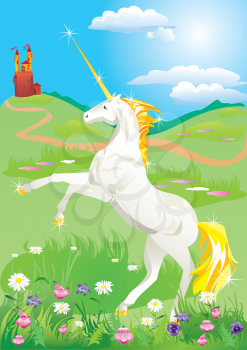 White unicorn rearing up on its hind legs on beautiful meadow with wild flowers