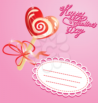 Valentines Day Card with heart candy -  lollipop - on pink background