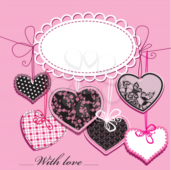 holiday background with black and pink ornamental hearts and oval frame for your text