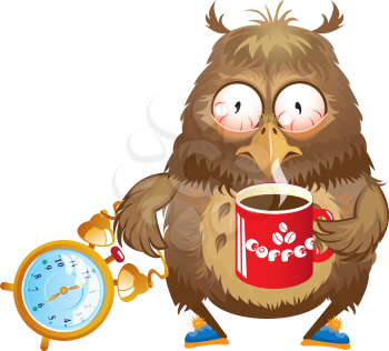 Early morning time - funny owl with cup of coffee and alarm clock in its hands