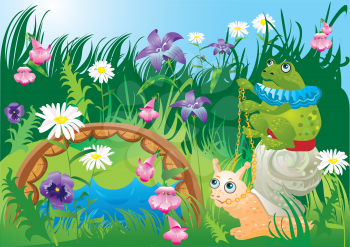 Frog riding snail - fairy tale illustration. raster version