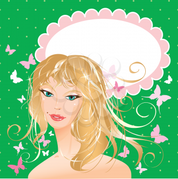 Blonde girl beautyful face - portrait on polka dot green background with butterflies and oval frame for your text