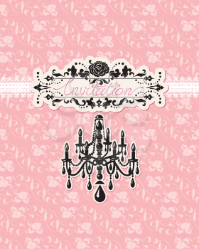 Wedding invitation card with luxury chandelier on  pink floral background