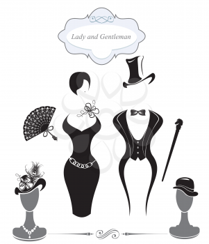 Gentleman and Lady symbols, vintage style, black and white silhouette. 