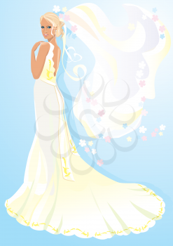 Beautiful young bride on light blue background