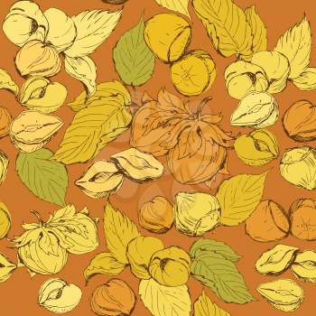  Seamless pattern with highly detailed hand drawn hazelnuts on brown background