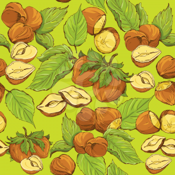 Seamless pattern with highly detailed hand drawn hazelnuts on green background