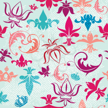 Seamless pattern with vintage heraldic silhouettes elements - icons of crowns and fleur de lis
