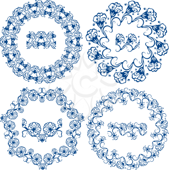 Set of  blue floral circle frames. Background in the style of Chinese painting on porcelain. Ornamental design elements. Pattern endless fragments.