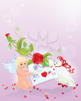 Valentine`s Day illustration with rose, angel, letter and dove. Empty space for your text.