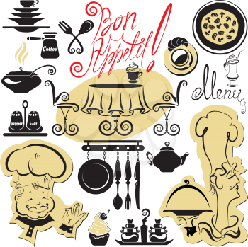 Set of cooking symbols, hand drawn pictures - food and chief silhouettes and hand written text - Bon Appetit