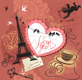 Vintage Valentine's Day Postcard with Paris theme - Effel tower, heart, angel and calligraphy text I love you.