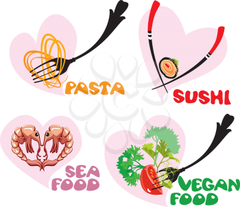 Set of Food Icons in hearts shapes: Japanese Cuisine - Sushi, Italian - Pasta, Sea and Vegan food.