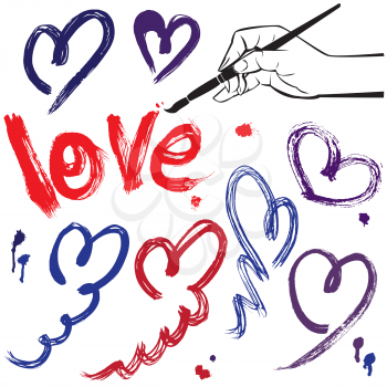 Set of brush strokes and scribbles in heart shapes and word LOVE - sketch elements for Valentines Day design.