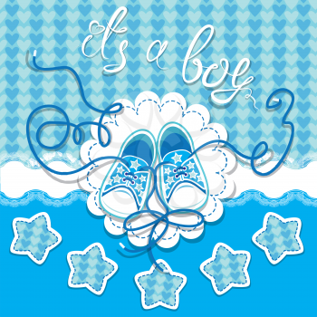 Holiday Dard children gumshoes on blue background - design for boys. Invitation with handwritten text It`s a boy.