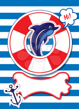 Funny Card with dolphin, anchor, lifebuoy and empty frame for text on stripe background