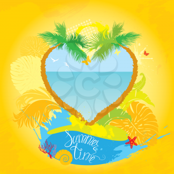 Frame in grunge style for travel and vacation design - two palm tree in heart shape