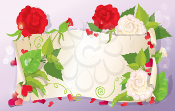 illustration of love letter with hearts and flowers - rose, daisy, bluebell, violet on pink background, horizontal format