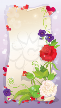 illustration of love letter with hearts and flowers - rose, daisy, bluebell, violet on pink background, vertical format