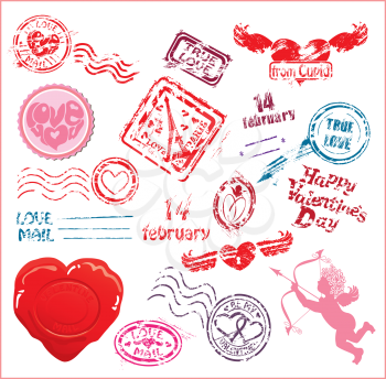Collection of love mail design elements - postmarks- Valentine`s Day or Wedding postage set. 