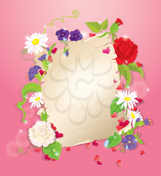 illustration of love letter with hearts and flowers - rose,  daisy, bluebell, violet on pink background