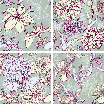 Set of 4 Floral Seamless Patterns with hand drawn flowers - tiger lilly, orchid, gardenia and peony. 