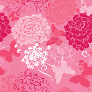 Seamless pattern with butterflies silhouettes and hand drawn flowers - abstract background in pink colors