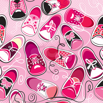 Seamless pattern - children gumshoes on pink background - design for girls