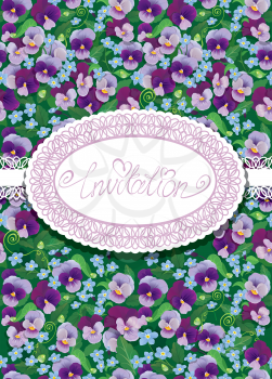 Vertical card with floral pattern and oval lace frame. Handwritten text INVITATION. Beautiful flowers - pansy and forget me not - floral background. Design for Birthday, Wedding, etc.