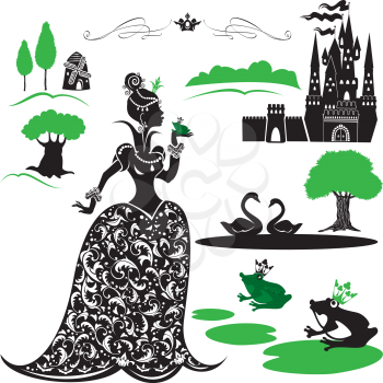 Fairytale Set - silhouettes of Princess and frog, castle, forest, lake, swans.