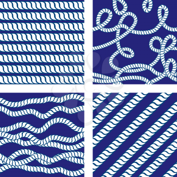 Set of Seamless nautical patterns on blue background with white rope