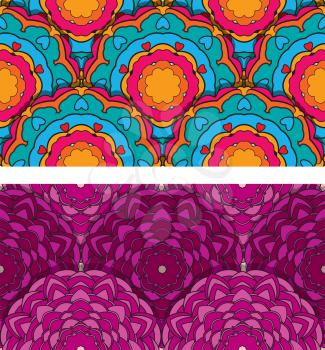 Set of 2 colorful seamless patterns with round ornaments, kaleidoscope floral backgrounds. 