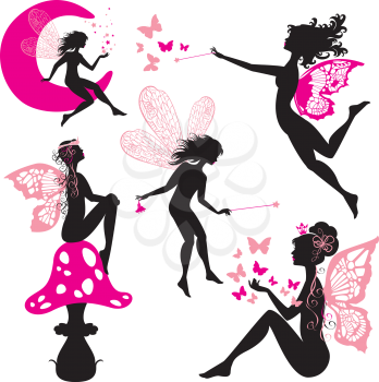 Set of silhouette fairy girls with butterflies and stars isolated on white background