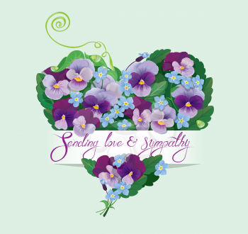 Heart shape is made of beautiful flowers - pansy and forget me not - floral  background for Birthday, wedding or Valentines Day design. Calligraphic text - Sending love and sympathy.