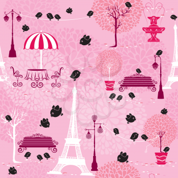 Seamless pattern with black birds silhouettes (sparrows) and town landscape with Effel Tower on a pink floral background.  Ready to use as swatch