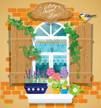 Window and flowers in pots, tomtit bird and handwritten text Home, Sweet Home. Summer or spring season.