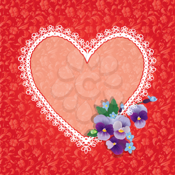 Card with Heart shape is made of lace doily and pansy folwers on red ornomental floral background, element for Valentines Day or Birthday design. 