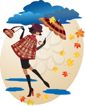 English girl in checkered coat with umbrella and handbag - Autumn illustration